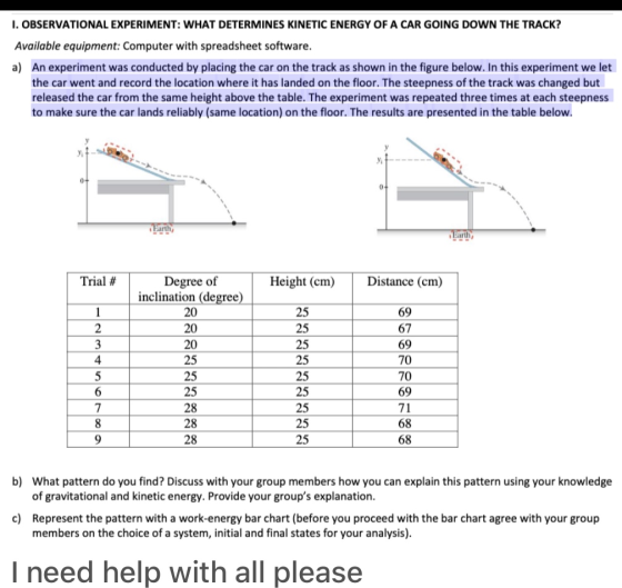 I. OBSERVATIONAL EXPERIMENT: WHAT DETERMINES KINETIC ENERGY OF A CAR GOING DOWN THE TRACK? Available equipment: Computer with