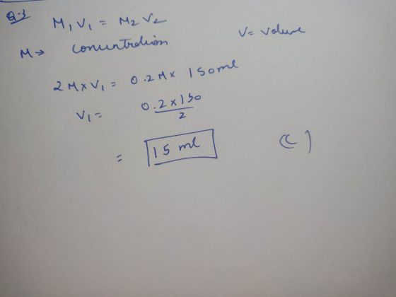 & Miv,= M2 V2 v=volure M> consuntreion 0.2 mx Isome 2 MX Vi= VE 0.2x130 15 me al