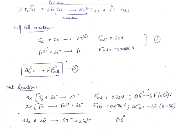 3 I (s) . Reduction + 2re (s) - 2re 3+ (aq) + 6 I (aq.) Onldation Half cell reactions Iz + 2€ - 250 fe3+ + 36 — fe Frode 0.52