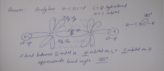 Answer:. Acetylene H-C=(-P (Asp hybridized Hos orbital 180° Py ly == H-CC-H OH) 65-5p At Thelx. ... 65-SP 6 bond between G an