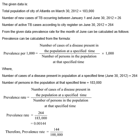 The given data is: Total population of city of Atlantis on March 30, 2012 183,000 Number of new cases of TB occurring between