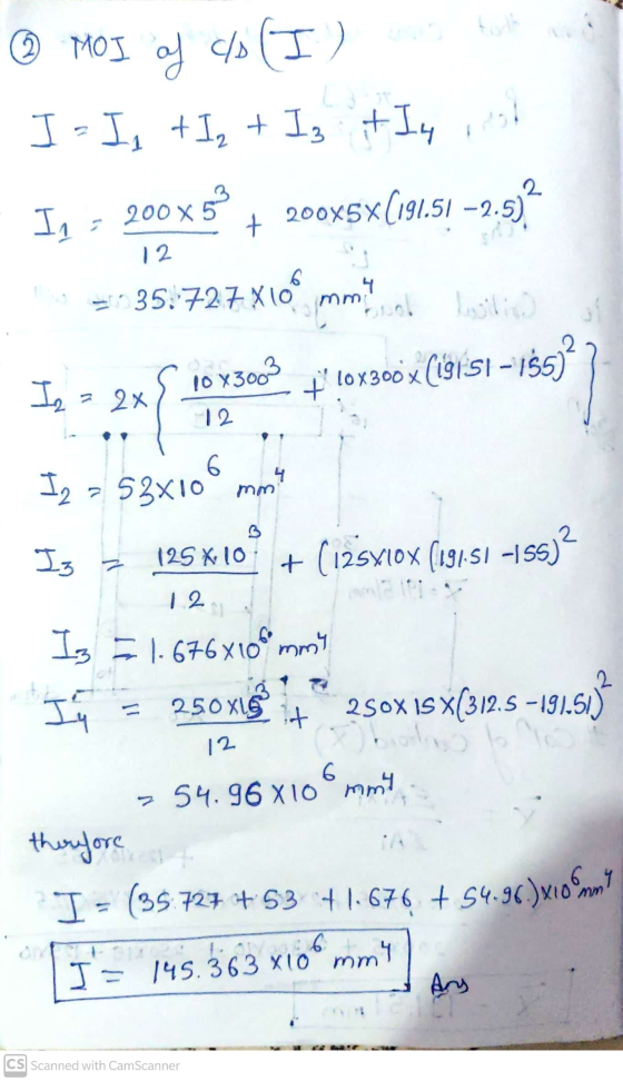MOI af c/o 1 (I) I - Is t Iz + Is it le rest I2 - 200x5° + 200x5(191.51 – 2:5)? = -35:72.7 X109 mm 10 X3003 ** 10x300x (19151