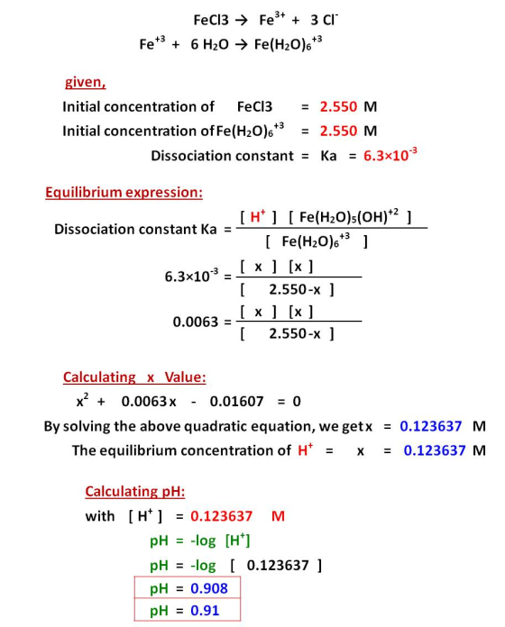 FeCl3 → Fe3+ + 3 Cl Fe+3 + 6 H2O → Fe(H20)6*3 given, Initial concentration of FeCl3 = 2.550 M Initial concentration of Fe(H2