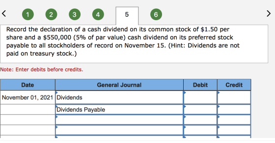 Record the declaration of a cash dividend on its common stock of $1.50 per share and a $550,000 (5% of par value) cash divide