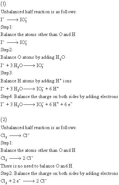 Unbalanced half reacti on is as follows Step1 Balance the atoms other than O and H IIO3 Step2: Balance O atoms by adding H2O