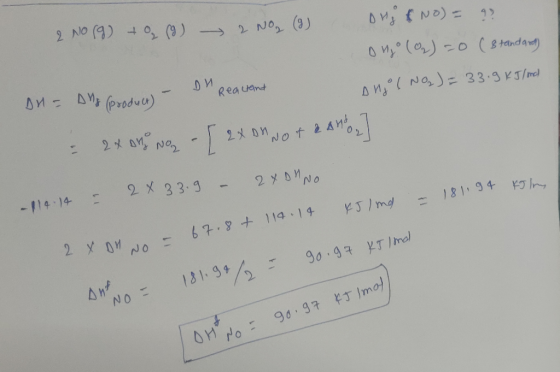 2 NO(g) + (8) 2 No ₂ (9) Dhy & NO) = 9 ongo (02) 0 (standard) Angol NO₂) = 33.9 kJ/md - Als product) - Dn Reaurant DH = 24 OM