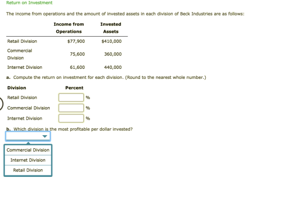 Return on Investment The income from operations and the amount of invested assets in each division of Beck Industries are as