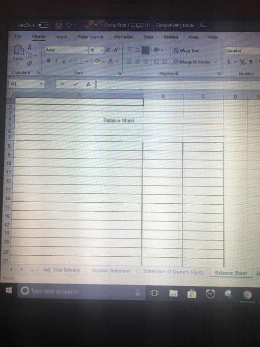 AutoSave A D File Home Insert Arial Peste 3 BTW - Comp Prob 1 20 1920 (1) - Compatibility Mode - Ex. Page Layout Formulas Dat