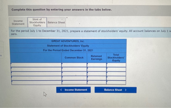 Complete this question by entering your answers in the tabs below. Stmt of Income Stockholders Balance Sheet Statement Equity
