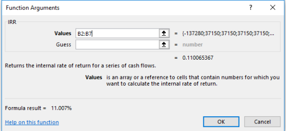 Function Arguments
?
X
IRR
Values B2:871
Guess
1
1
= 1-137280;37150;37150;37150;37150;...
= number
= 0.110065367
Returns the