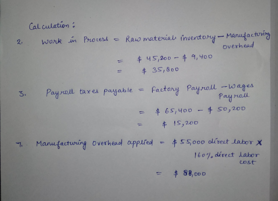 Calculation: Work in 2 Process = Raw material inventory - Manufacturing overhead $ 45,200 - $ 9,400 $ 35,800 = - 3. Payroll t