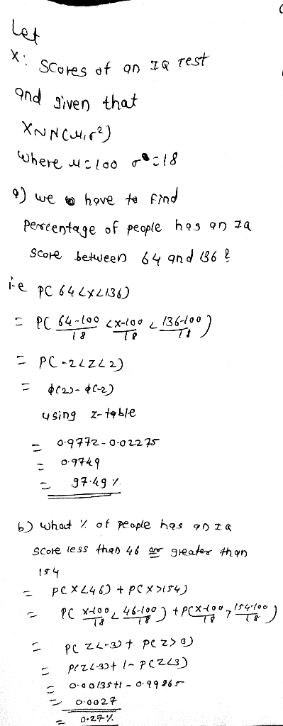 let : scores of an IQ Test and given that XNN (482) where cloo :18 9 we have to find percentage of people hos on IQ score be