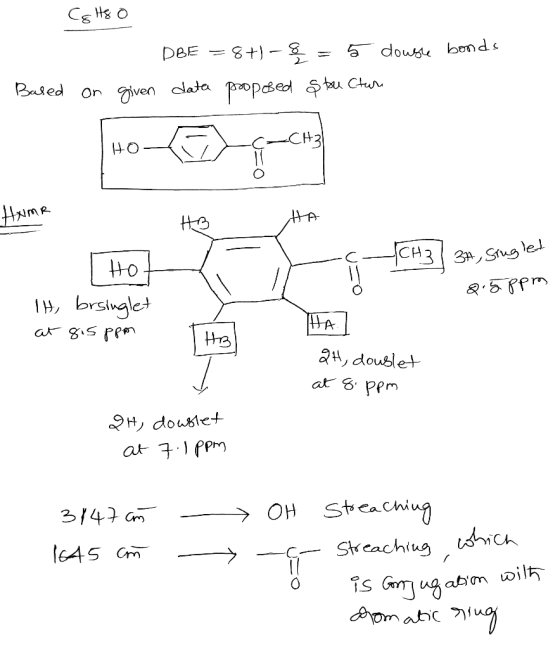 Cg its o DBE = 8+ - data proposed = 5 dowole bonds § bu ctar Based on given 140- Hamr HA | Hof 14, brsinglet at 815ppm CH3 /