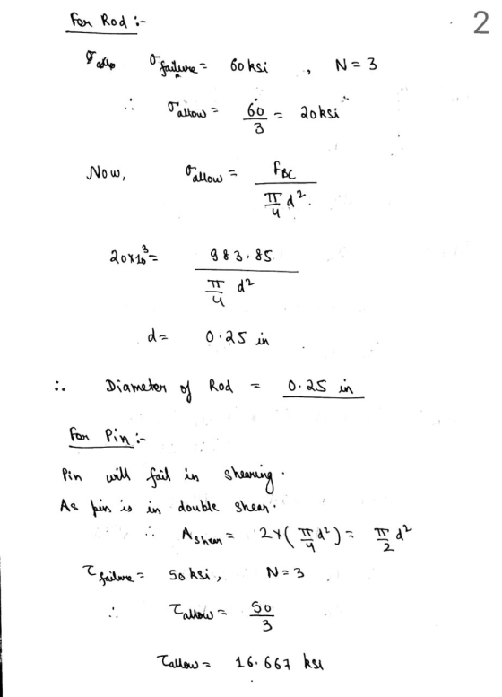 for Rod :- 2 allo o failure Goksi N= 3 2 Taitowa 60 aoksi 3 Now, Pallow FBC 2011 983.85 ㅍd2 d= 0.25 in Diameter of Rod 0.25 i