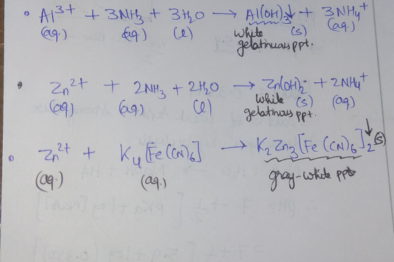 • A13+ + 3Nth + 3tho ag.) Eig.) (e) Alloh + 3NHy + White (s) (09.) gelatinuus ppt. © Zn2+ (9) . 227 + (9.) + 2NH3 +240 + Enla