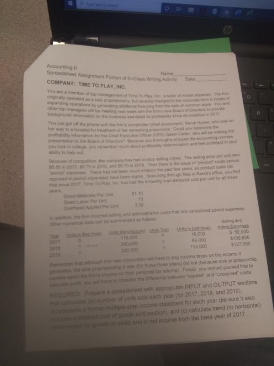 ne t of model planes. The firm Accounting 11 Spreadsheet Assignment Portion of in-Class Writing Activity Name COMPANY: TIME T