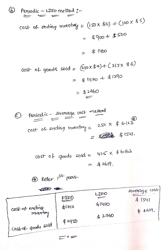 6 Periodic - LIFO method :- cost of ending inventory = (150 x #6) +(100 x $5) = $900+ $500 = $ 1400 cost of goods sold = 210x