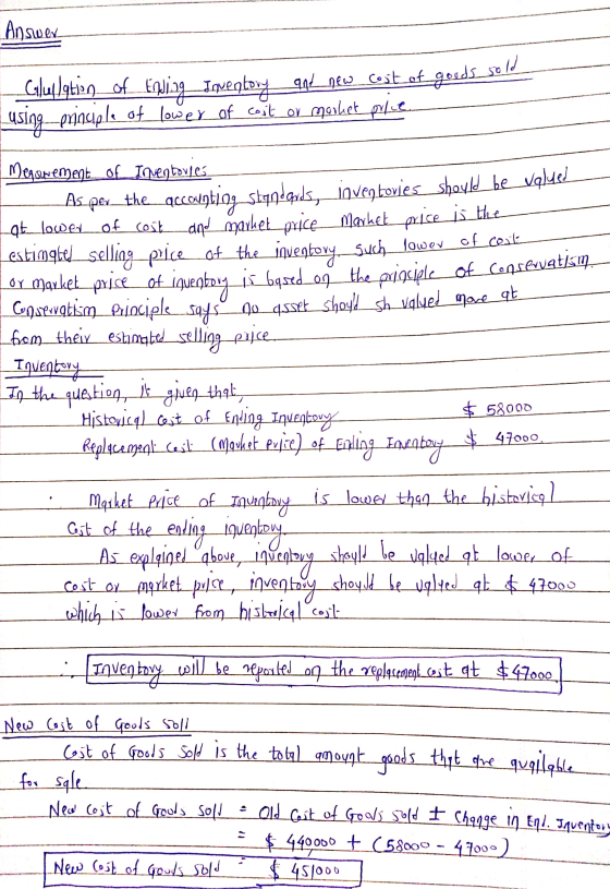 Answer. CO00 i Calulation of Enging Inventory aut new cost of goods sold _using-prinuple of_lower_of_coit or moket police Men