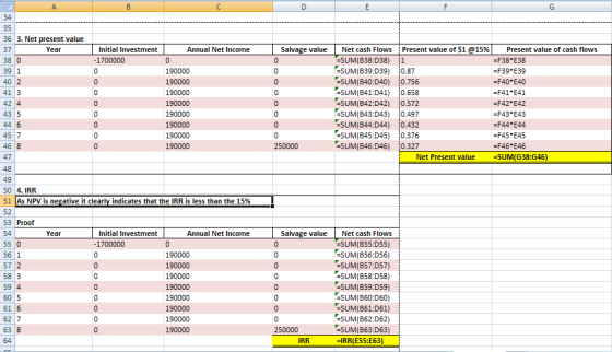 A C E F G 34 35 36 3. Net present value Initial Investment Present value of $1@15% 37 Year Annual Net Income Salvage value Ne