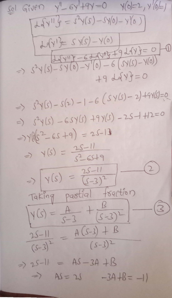 Sol Given yl_ 6ylt9y=0 Y(0)=2, 7(0/=) dfylly = 3²y(s)-sy(0)-yo)) Lefylz= SY(S)-Y(0) {y} - 6 Lofyty + 9 Lofy}=0/0 -> s’y (s) –
