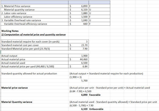 1. Material Price variance Material quantity variance 2. Labor rate variance Labor efficiency variance 3. Variable Overhead r