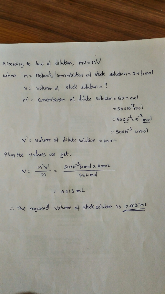 V Volume a stc solubun Solutbon 15 mal vs volume ot dilute solution 20 mL Plug te values coe get = 0013 mL . The reauned vol