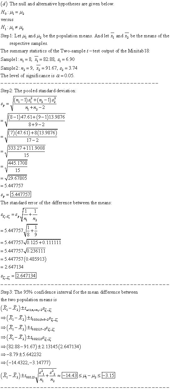 (d) The null and alternative hypotheses are given below. HO:6 = 42 versus 4:47 Step1: Let 41 and 4 be the population means. A