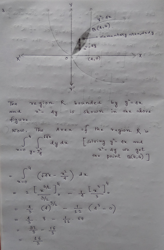 Y 3 SOL y = 42 B(4,4) elementary area,dady Yo di AY o х (4,0) The region R bounded by y = 42 in the above and is shown ay fig