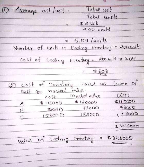 ② Average cost (unit. Total cost Total units $2128 700 units = 3.ou lunits Number of units in Endling inventory = 200 units c