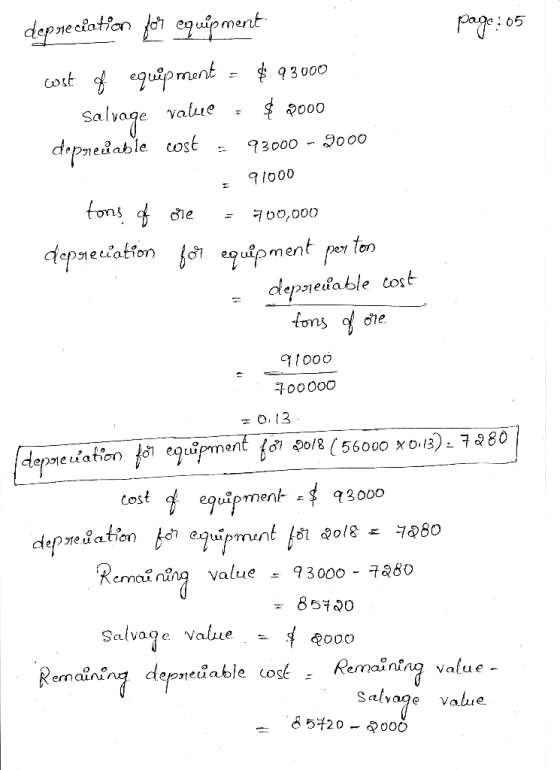 depreciation for equipment page:05 cost of equipment = $ 93000 Salvage rallel = $ pool depreciable cost - 93000 - 2000 91000