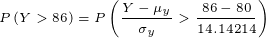 \tiny P\left ( Y>86 \right )=P\left ( \frac{Y-\mu_y}{\sigma_y}>\frac{86-80}{14.14214} \right )