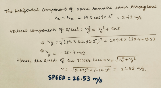 the horizontal component of speed remains same throughout . Va=un = 19.3 cos 82.2° = 2.62 m/s vertical component of speed: vy