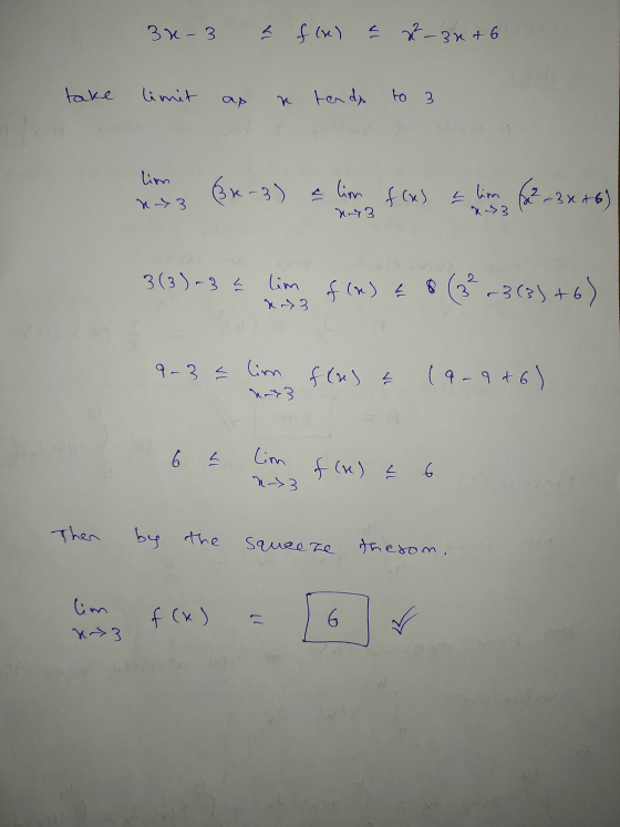 34-3 = f(x) 드 2²-3x + 6 take limit R tends to 3 lim (Bx-3) a lim f(x) = lim (22-3x+6) N> 3 N73 3(3)-3 { lim f(x) & 8 (3²-3(3)