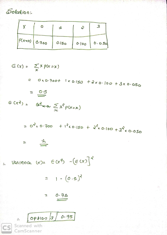Solution: 0.So E(X)= {xplx=x) = Ox0.700+ 1x0.150 + 2x0.100 + 3x0.0SO G Cxf) *0. EzPp6x=x) 20x0.700 + 1PX 0.150 + 2*x 0.100 +3