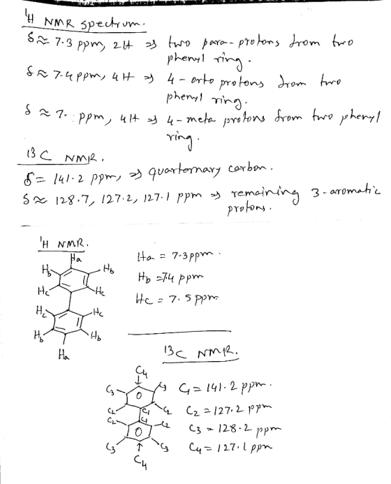 H NMR spectrum. S~ 7.3 ppm, 2H as two para-protons from two phenyl ring. fa 7.4ppm, ut s 4 - orto protons from two - phenyl r