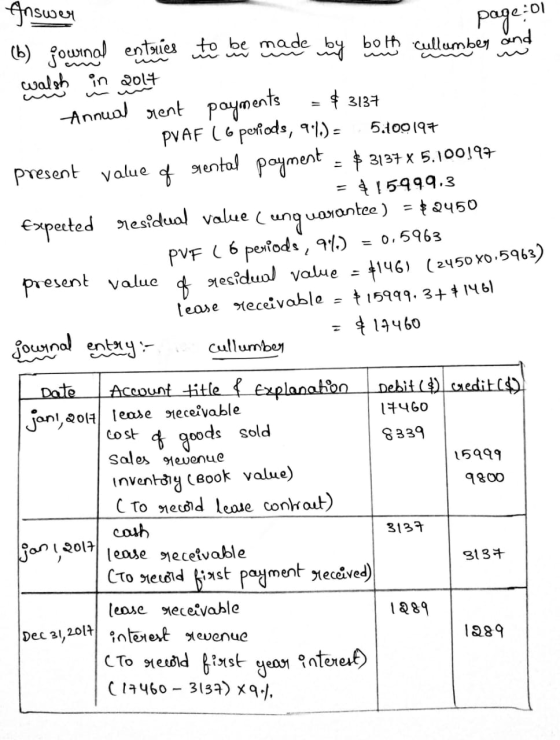 Inswer page: (b) journal entries to be made by both cullumber and walsh in 2017 Annual rent payments $3137 PVAF (6 periods, 9
