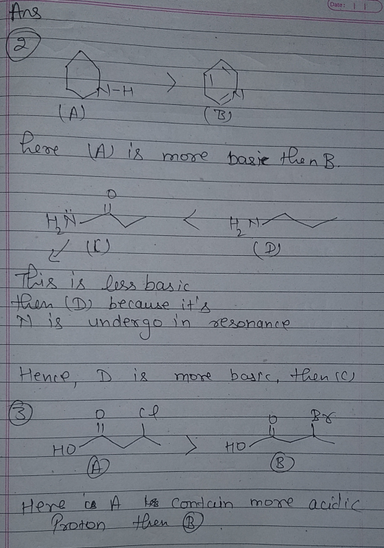 Date: Ang Die N-H B) here (A) is more basie then B. ㅅ HN & (C) This is less basic then (D) because its undergo in resonance
