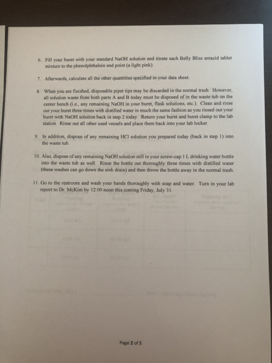 6. Fill your buret with your standard NaOH solution and titrate each Belly Bliss antacid tablet mixture to the phenolphthalei