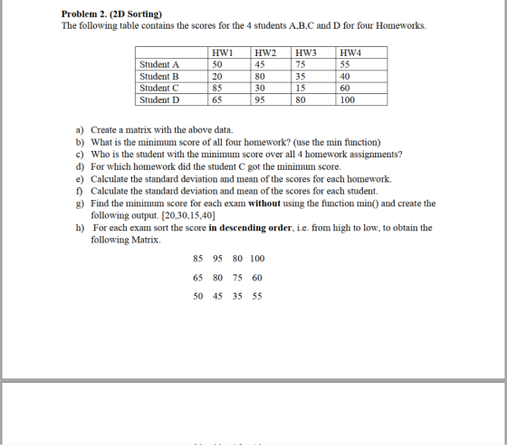 Problem 2. (2D Sorting) The following table contains the scores for the 4 students A,B.C and D for four Homeworks HW1 50 20 8
