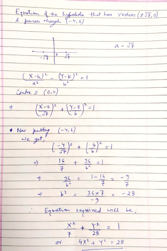 Equetion of the hyperbola & passes through 4-4,6) that has vertices (#57,0) a = 5 az Centre = (0,0) * +(4:4)*=) Now putting W