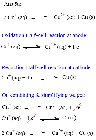 Ans 5a: 2 Cut (aq) + Cu2+ (aq) + Cu(s) Oxidation Half-cell reaction at anode: Cu+ (aq) + Cu²+ (aq) +12 Reduction Half-cell re