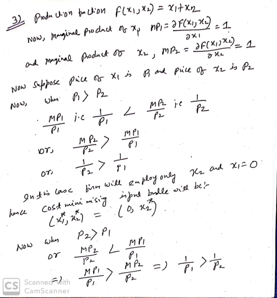 Production function əx1 . F(X1JH2) = xHR2 Now, marginal product of x, mpi= a F(x1, 82). and Maginal product of X2, MP2 = f(x)