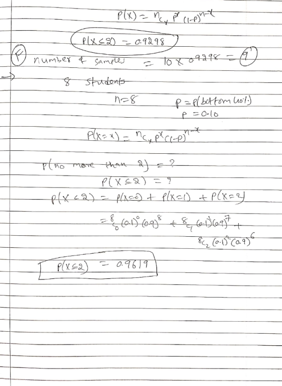 P(x) = nc, pe (1-pynt - { Plxs 29 -0.9298 ra samples Tox 09998 (1) 8 studenty - n=8 P=p/ bottom hot.) p=0.10 plx=x) = ncx pe