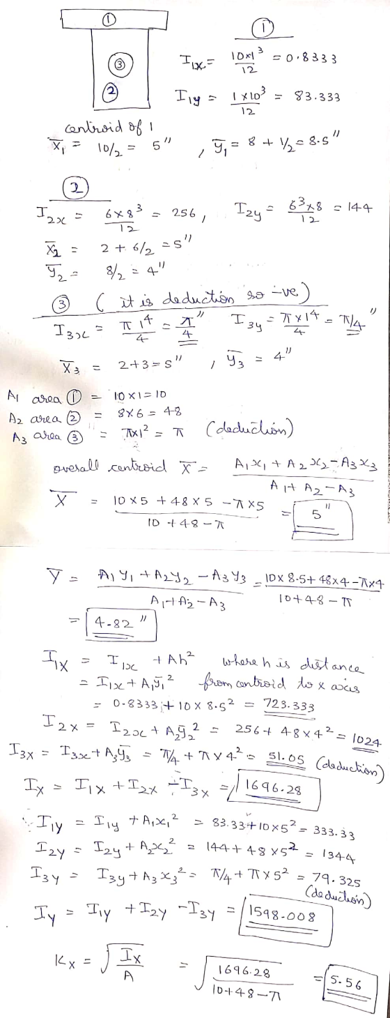 3 TX 3 10x1 12 =0.8333 Ily 18103 . 83.333 12 centroid of I Xi 1002 5 5,- ₂- 8.5 / 2 63 +8 Inac 6x83 2561 Izy = 144 12 12 Х.