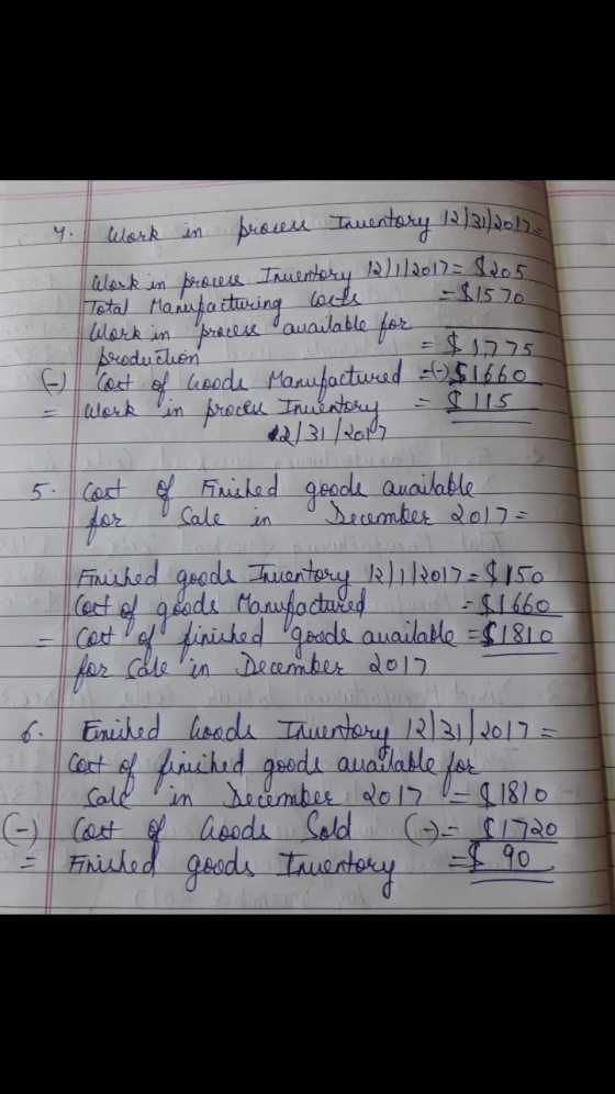 y. Work in prown Truentory 12/31/2017 alork in prouse Inventory 12/1/2017= $205 Total Manufacturing coets - $1570 Work in pro