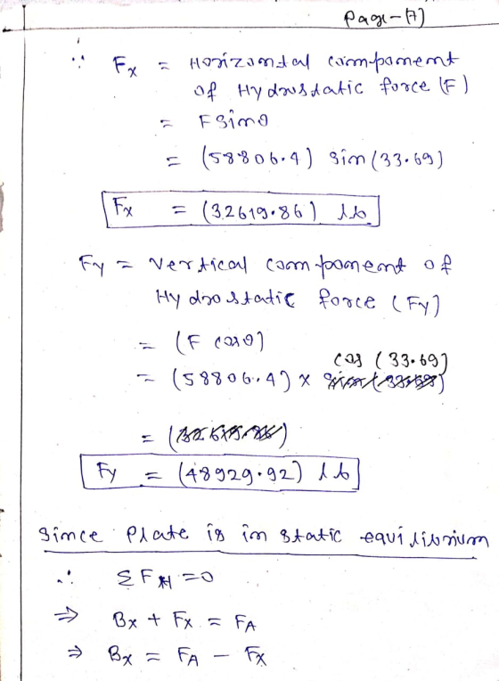 Ex page-A) Horizontal campament of Hydrostatic force (F) Esimo 17 = (58806,4) Sim (33.69) Fx = (32619.86) Fy a vertical compo