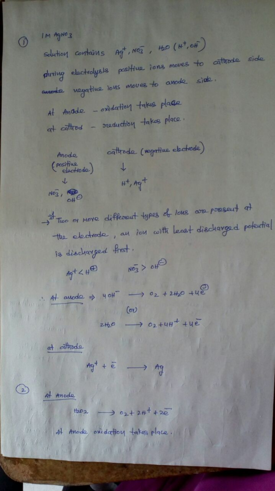 IM AgNO3 side solution contains Ag+, NO3 H2O (HT, OH during electrolysts positive ions moves to cathode autode negative ious