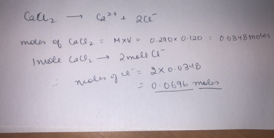 Call2 – Ca2+ + acé moles of Call2 = Call, MXV = 0.290x 0.120 = 0.0348 moles 2 moll lê Inole 2X 0.0348 moles of l = r 0.0696 m