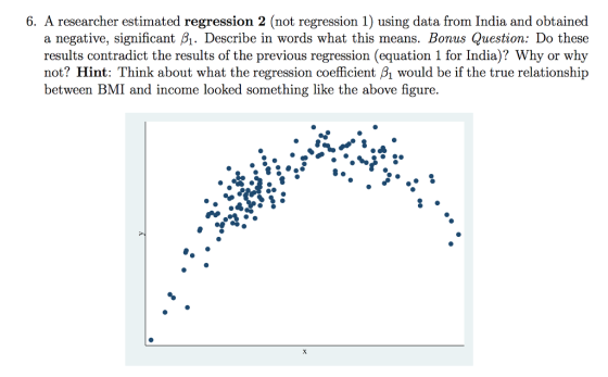 6. A researcher estimated regression 2 (not regression 1) using data from India and obtained a negative, significant 61. Describe in words what this means. Bonus Question: Do these results contradict the results of the previous regression (equation 1 for India)? Why or why not? Hint: Think about what the regression coefficient B1 would be if the true relationship between BMI and income looked something like the above figure.