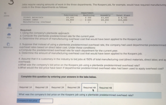 Jobs require varying amounts of work in the three departments. The Koopers job, for example, would have required manufacturin